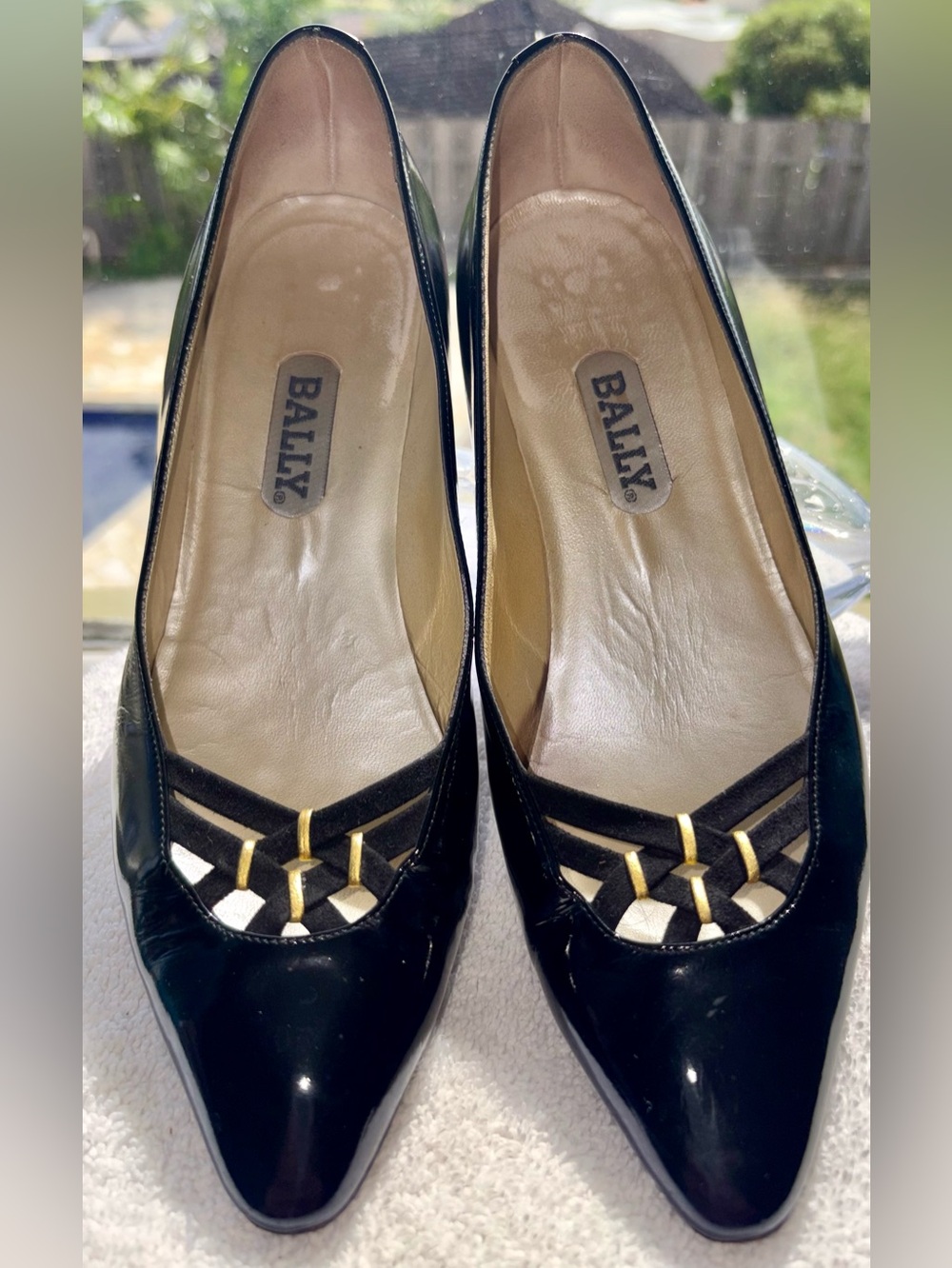 Original Bally Black Patent Pointed Toe Flats with Gold Accent, 8.5